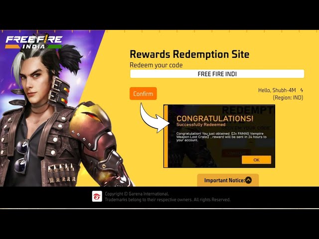 Redeem code free fire in india 